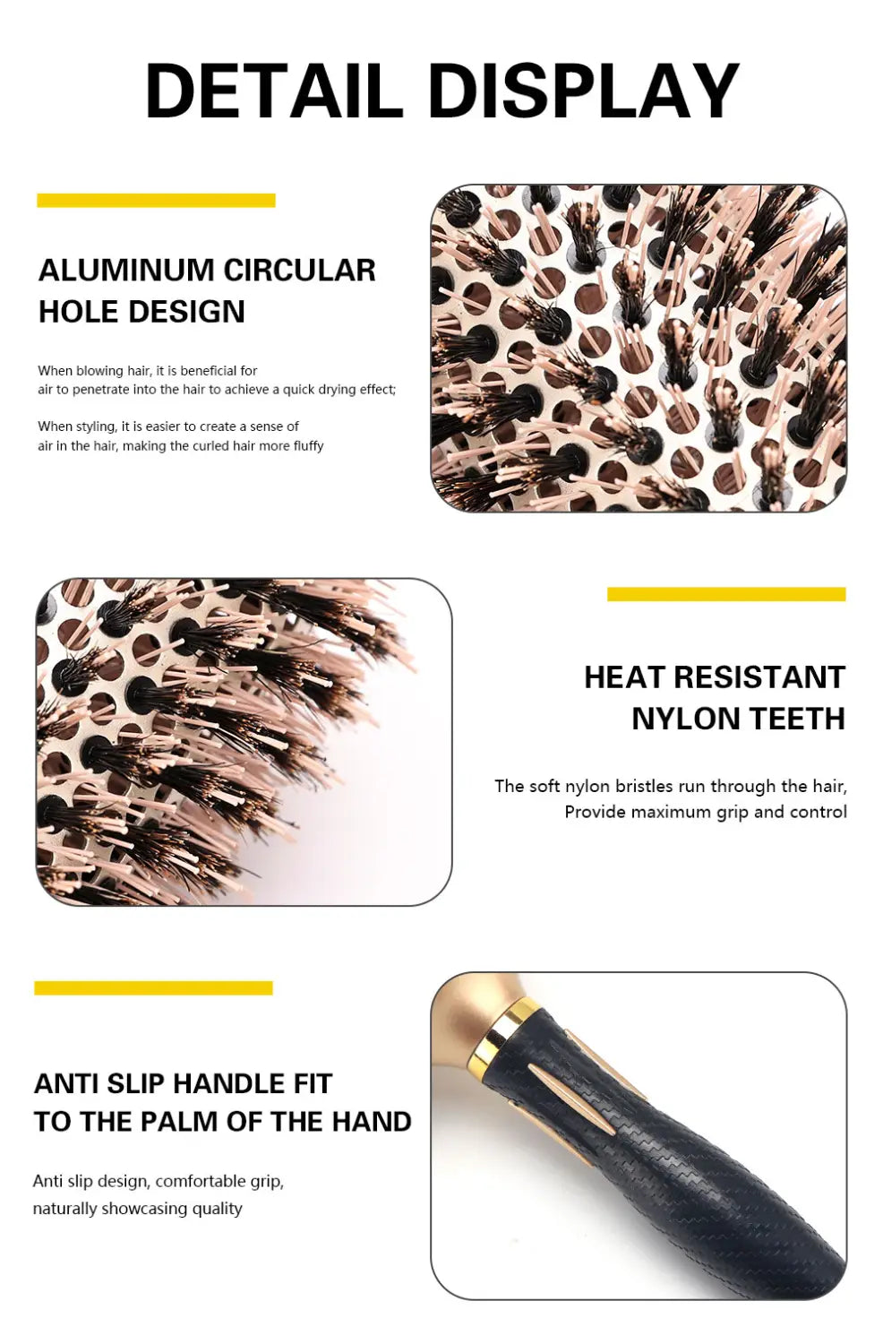 Aluminum round hair styling brush with leopard-print aluminum barrel heat-resistant nylon bristles and anti-slip black handle.