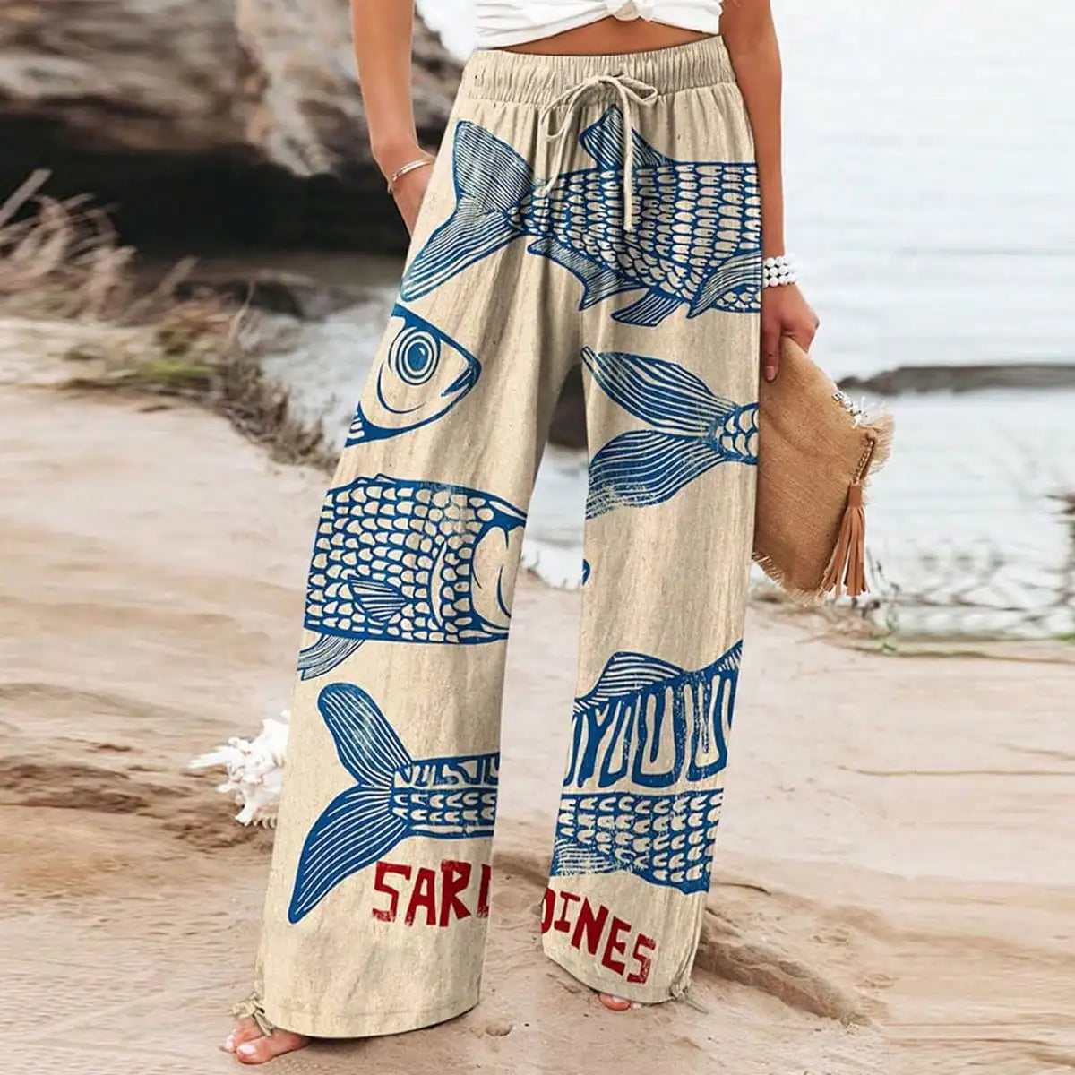 Women's Wide Leg Pants 2026 Autumn Fashion Elastic Waist Drawstring Straight Loose Trousers with Fish Print Casual