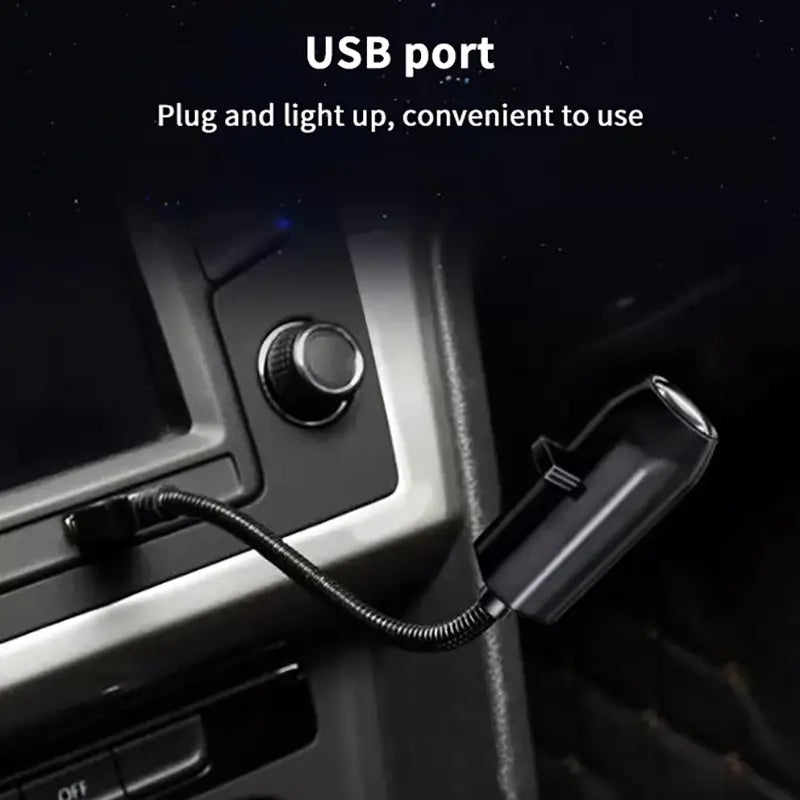 Cargador de coche USB flexible negro para automóvil con clip de sujeción, diseñado para el uso de la lámpara de proyección para la luz de estrellas de galaxia de luna y Tierra en vehículos