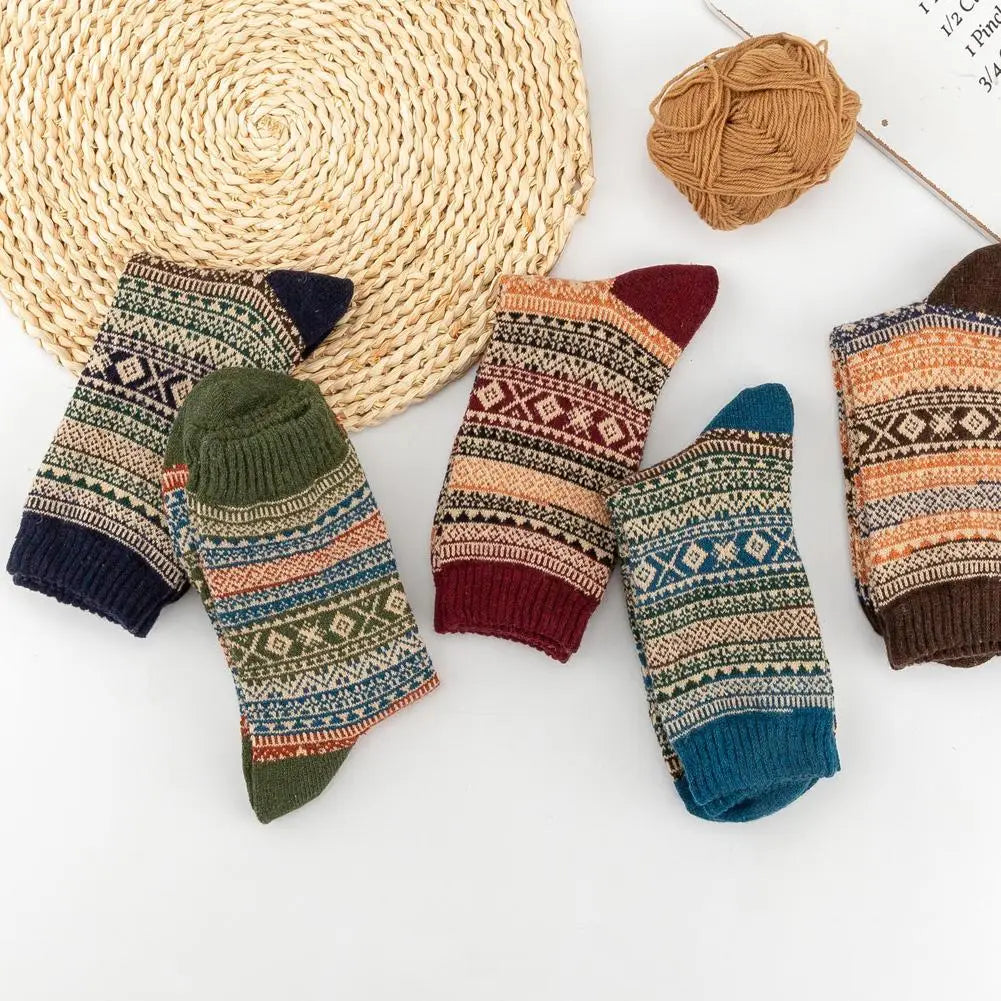 Men retro cotton crew socks mid-high tube thermal teal featuring cozy earthy toned knit with geometric patterns and contrasting toe and heel accents as a fashion trend.