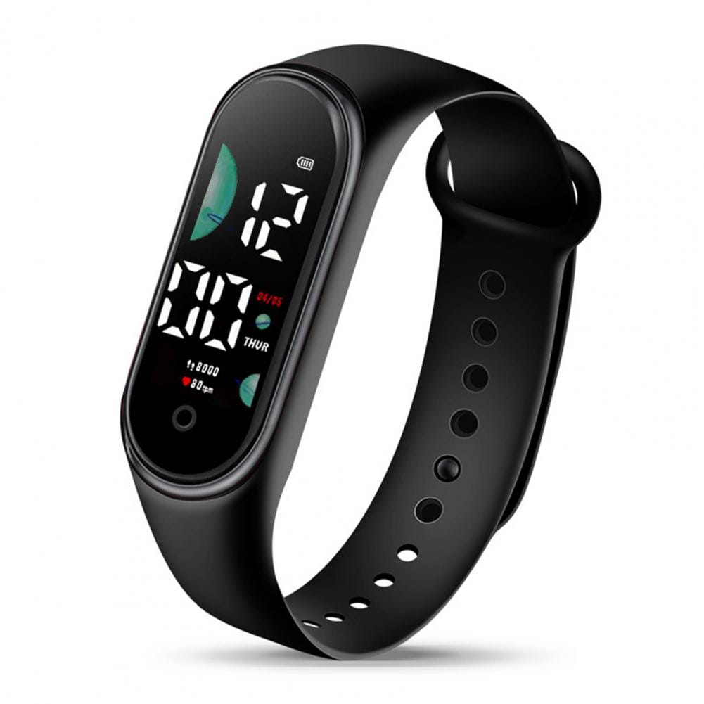 Black silicone band electronic watch with large font screen and rectangular digital display showing time date and heart rate designed as a waterproof digital sports watch.