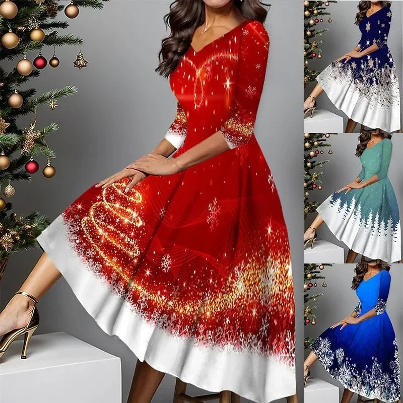Women's New Christmas Printed Party Dresses Autumn Winter V Neck Long Sleeve Loose Waist Slim Pullover A Link Evening Dress
