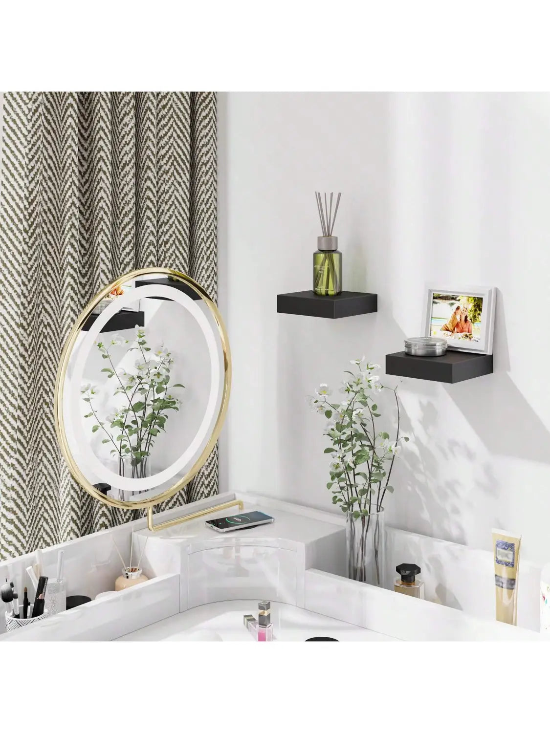 gold-framed oval mirror with integrated led lighting paired with a black modern wood display shelf wall organizer designed as a decor display stand for wall use