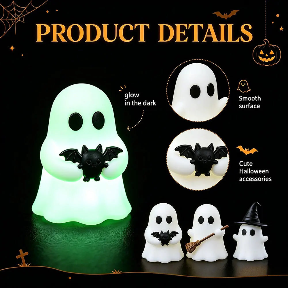 Halloween-themed desktop decoration scene - cute little ghosts, decorative items, mini glowing micro-landscape