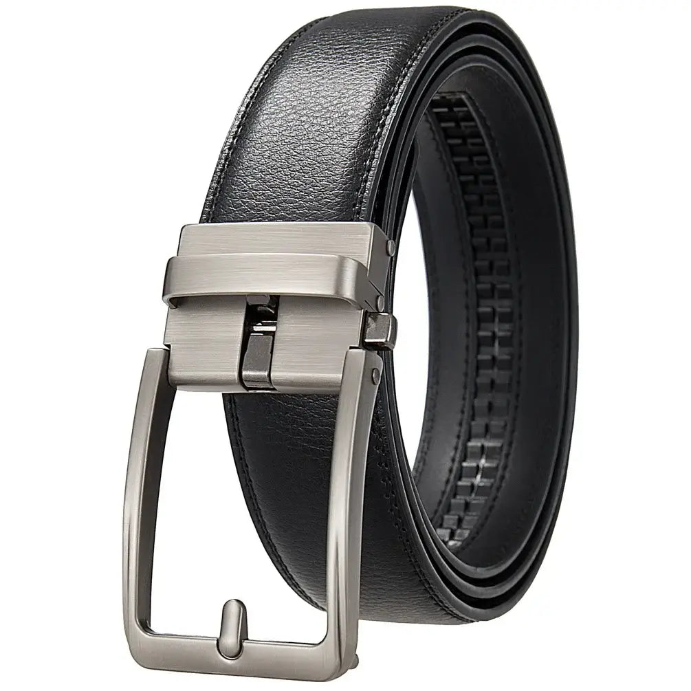Men leather automatic buckle belt in black featuring a sleek brushed silver-toned automatic buckle made of leather.
