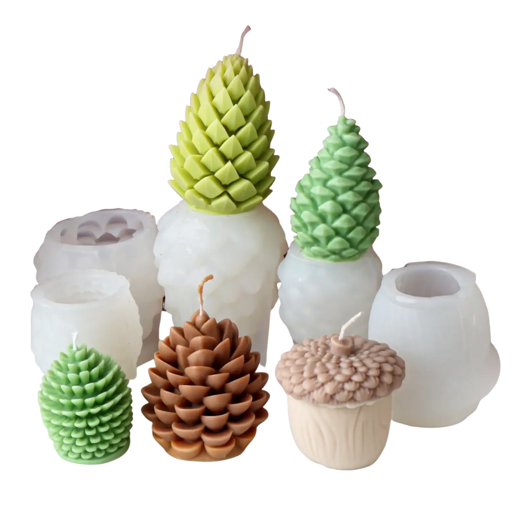 Set of pinecone candle silicone molds with acorn shapes in green brown and beige for handmade scented candles and decor