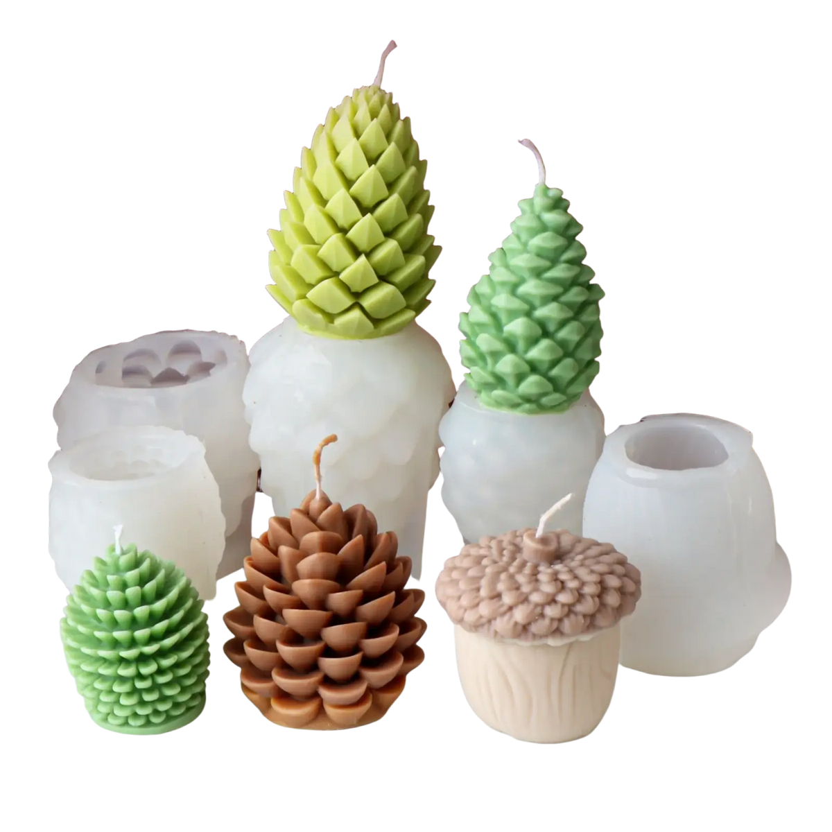 Set of pinecone candle silicone molds with acorn shapes in green brown and beige for handmade scented candles and decor