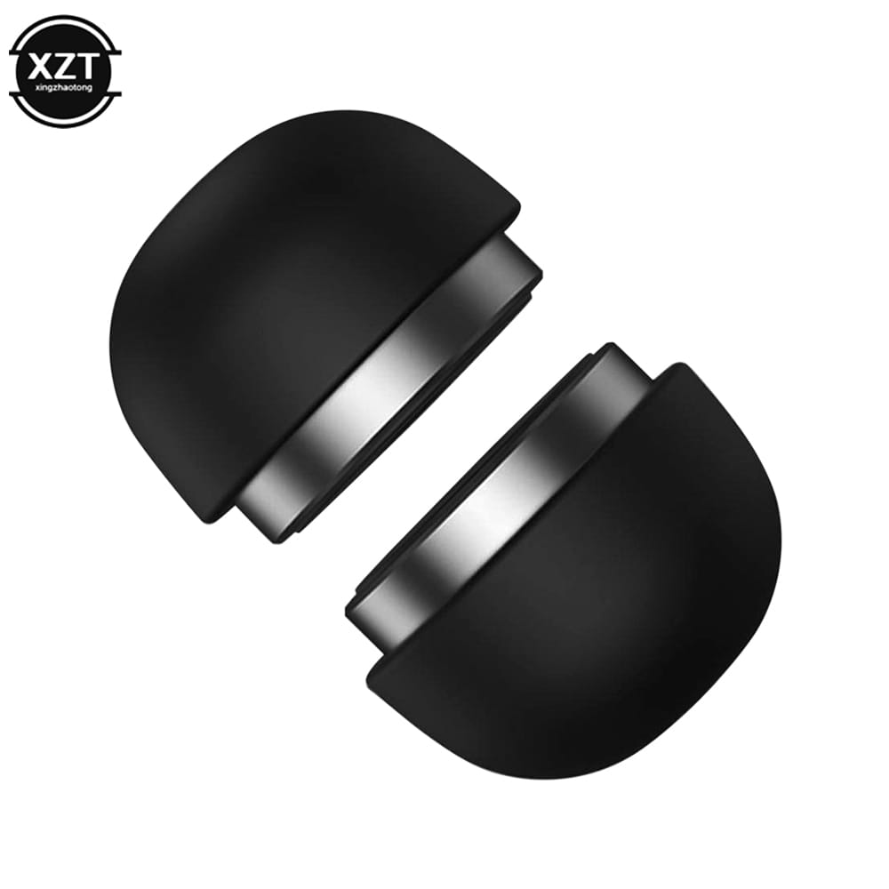 Schwarze Silikon-Ohrstöpsel mit metallisch silbernen Innenringen, ausgelegt für In-Ear-Kopfhörer, in Verbindung mit einem klappbaren Mini-Laptop-Ständer-Kühlerhalter.