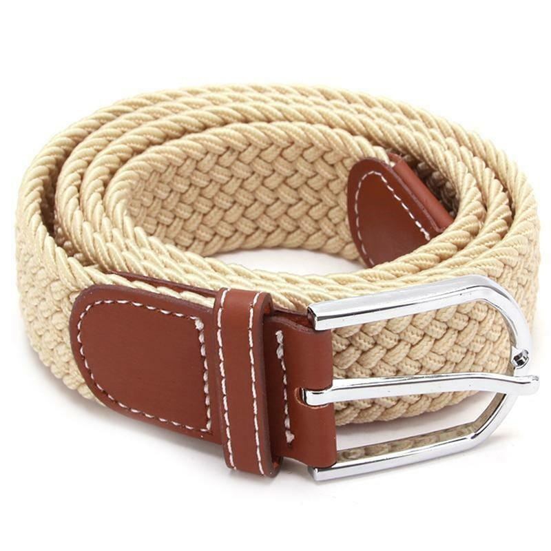 Beige woven elastic tactical canvas belt with brown leather accents and a silver-toned buckle designed for adjustable outdoor use.