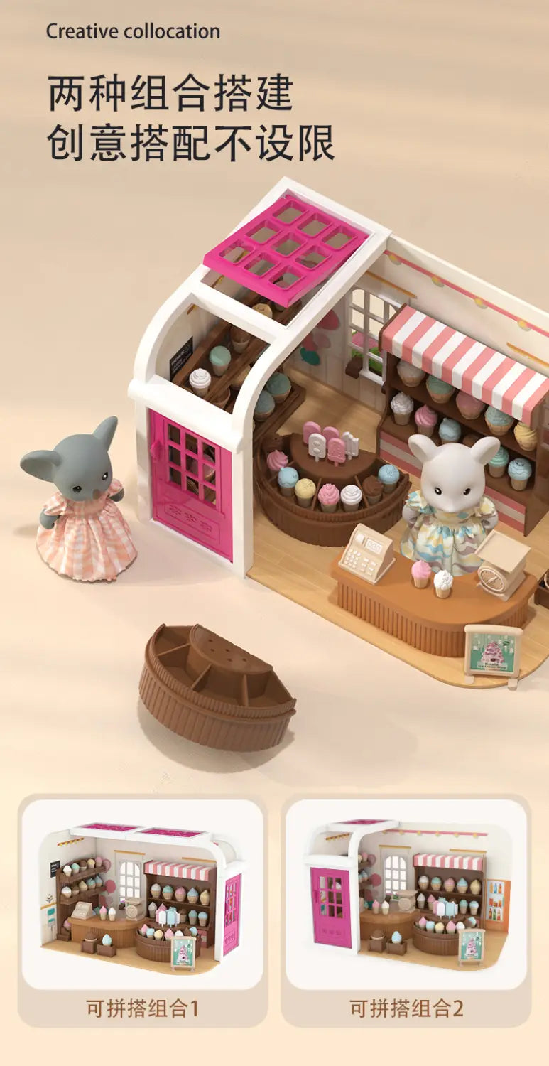 ピンクと白のストライプ柄の布製のひさしで、波形の縁が付いたミニチュアの玩具店の建物に取り付けられたもの（ミニチュアドールハウス家具およびプレイセット玩具のセット）。