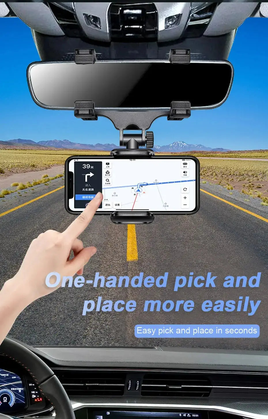 Black smartphone mount with adjustable arms and clamp for secure attachment to rearview mirror serving as a foldable 360 degree car phone holder.