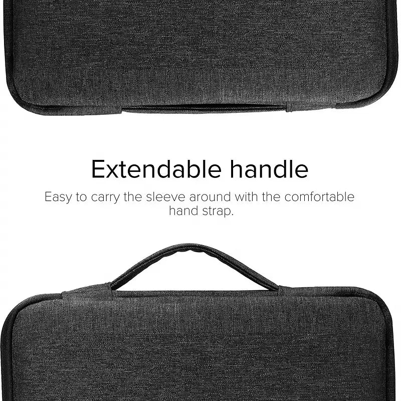 Black textured fabric laptop sleeve bag with extendable handle designed for MacBook Air and Pro models.