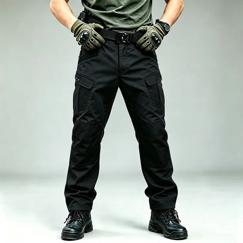black tactical cargo pants for men featuring multiple pockets and reinforced stitching designed for winter hiking and waterproof protection
