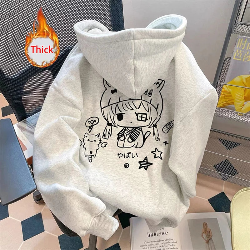 Cartoon Kawaii Hoodies Women Thick Warm Long Sleeve Loose Cute Sweatshirts Fall Winter Preppy Style Pockets Harajuku Female Tops