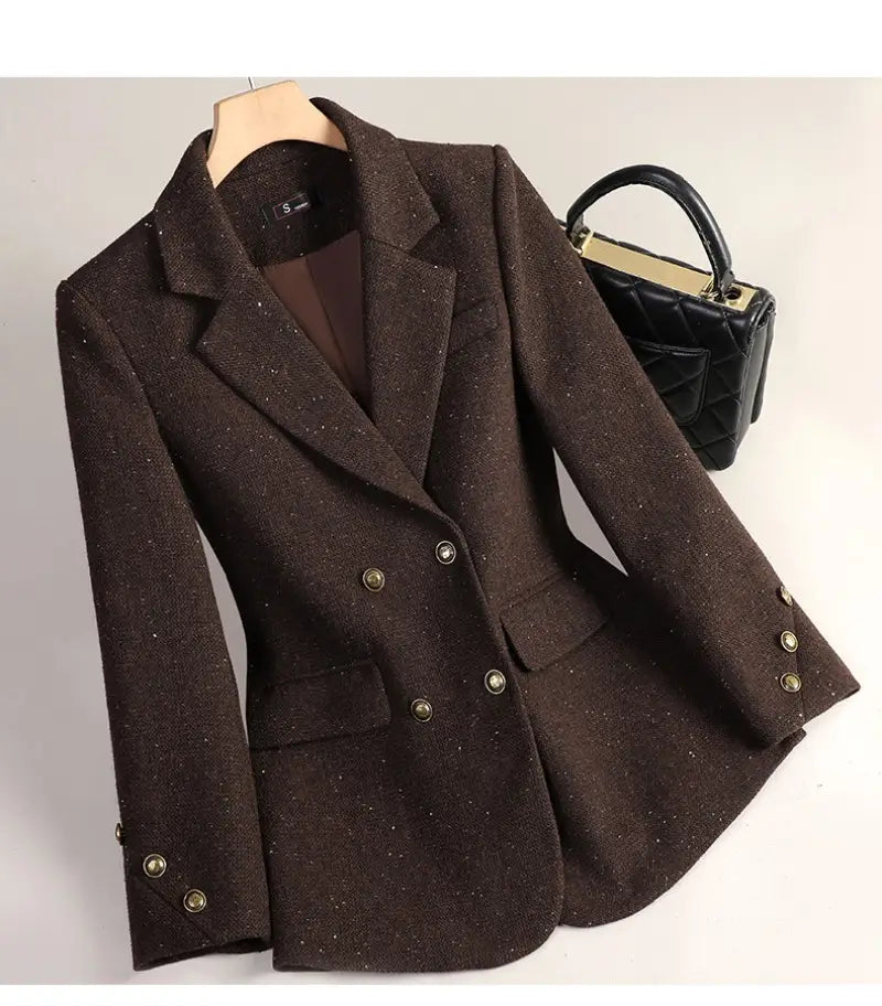 Brown wool blend double breasted blazer with textured fabric metallic buttons and subtle shimmer.