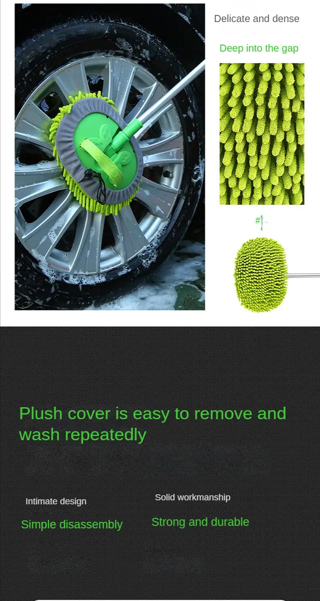 Cepillo de limpieza para llantas de coche de microfibra esponjosa verde y gris con mango telescópico largo para un lavado y detallado del coche cómodos.