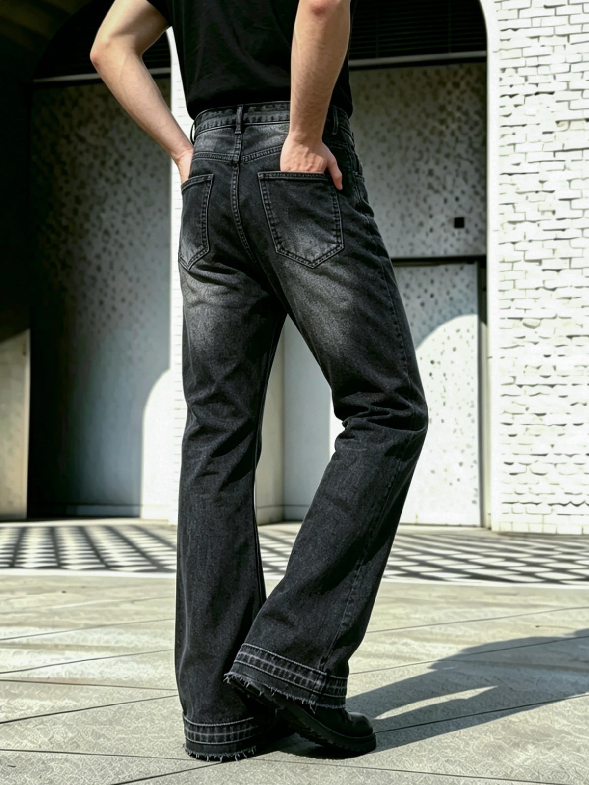 Men Pants Jeans Clothing Denim Trousers Men's Black Washed Frayed Hem Flared Bootcut Denim Jeans