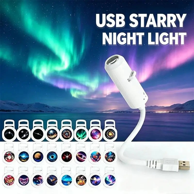 Weiße USB-Nachtlicht-Galaxieprojektorleuchte mit biegsamem Silikonschwanenhals und mehreren austauschbaren, planetenmotivierten Projektionsscheiben.