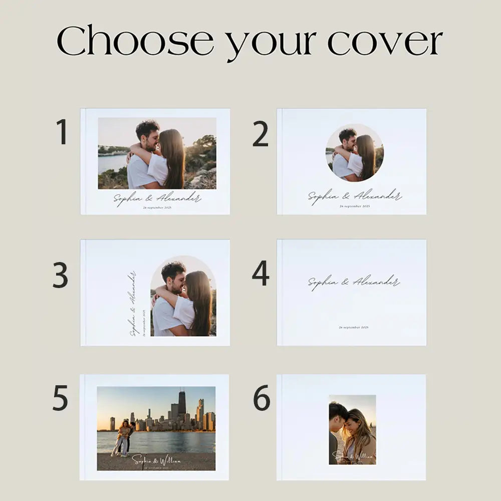 Sechs individuell gestaltbare Gästebücher für eine Hochzeit mit Foto als personalisierte Alben, mit romantischen Fotodeckblättern von Paaren, eleganten Namens- und Datumsangaben in Handschrift auf klaren weißen Hintergründen.