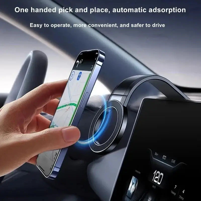 Black magnetic car phone mount with circular design and adjustable angle shown from front view