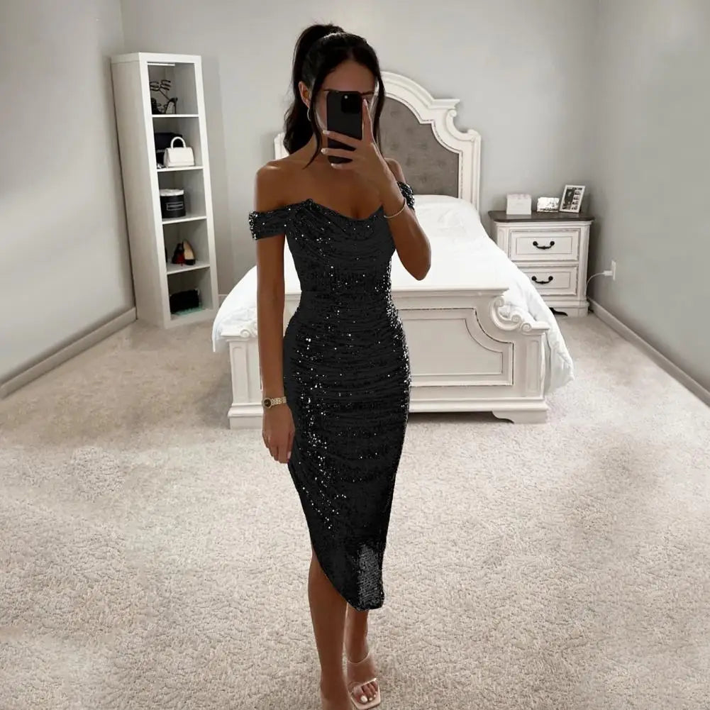 Women Christmas Party Dress Sequined Irregular Hem Evening Dress Low-cut Prom Wedding Party Formal Slit Hem Ladies Midi Dress