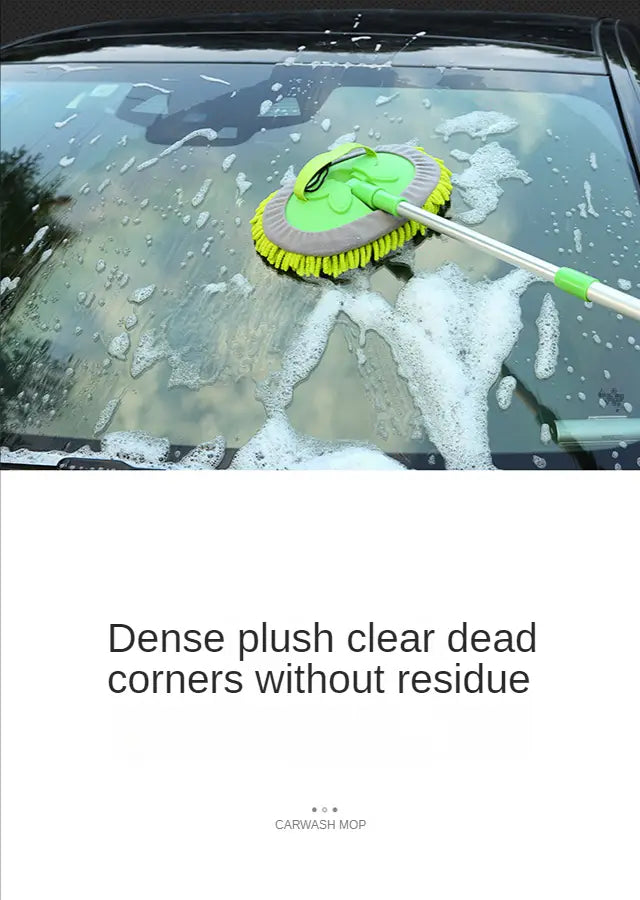 Fregona telescópica para lavado de coches con cepillo de microfibra desmontable verde y amarillo y mango largo para una limpieza fácil.