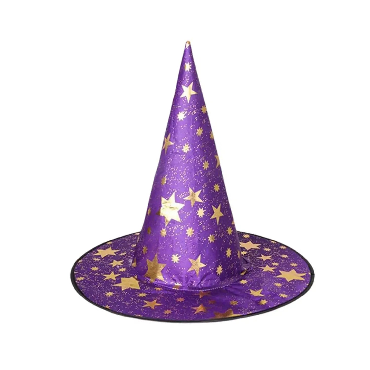 purple halloween hat with gold star patterns and a glittery finish designed as a wizard costume accessory and halloween hat decoration prop
