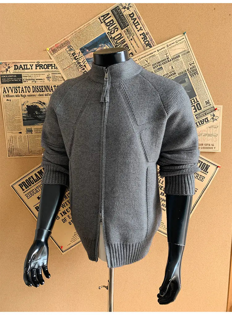 gray knit full zip-up cardigan sweater with ribbed cuffs and hem displayed on a mannequin highlighting size shoulder chest length for mens knit cardigan sweater full zip m to 3xl