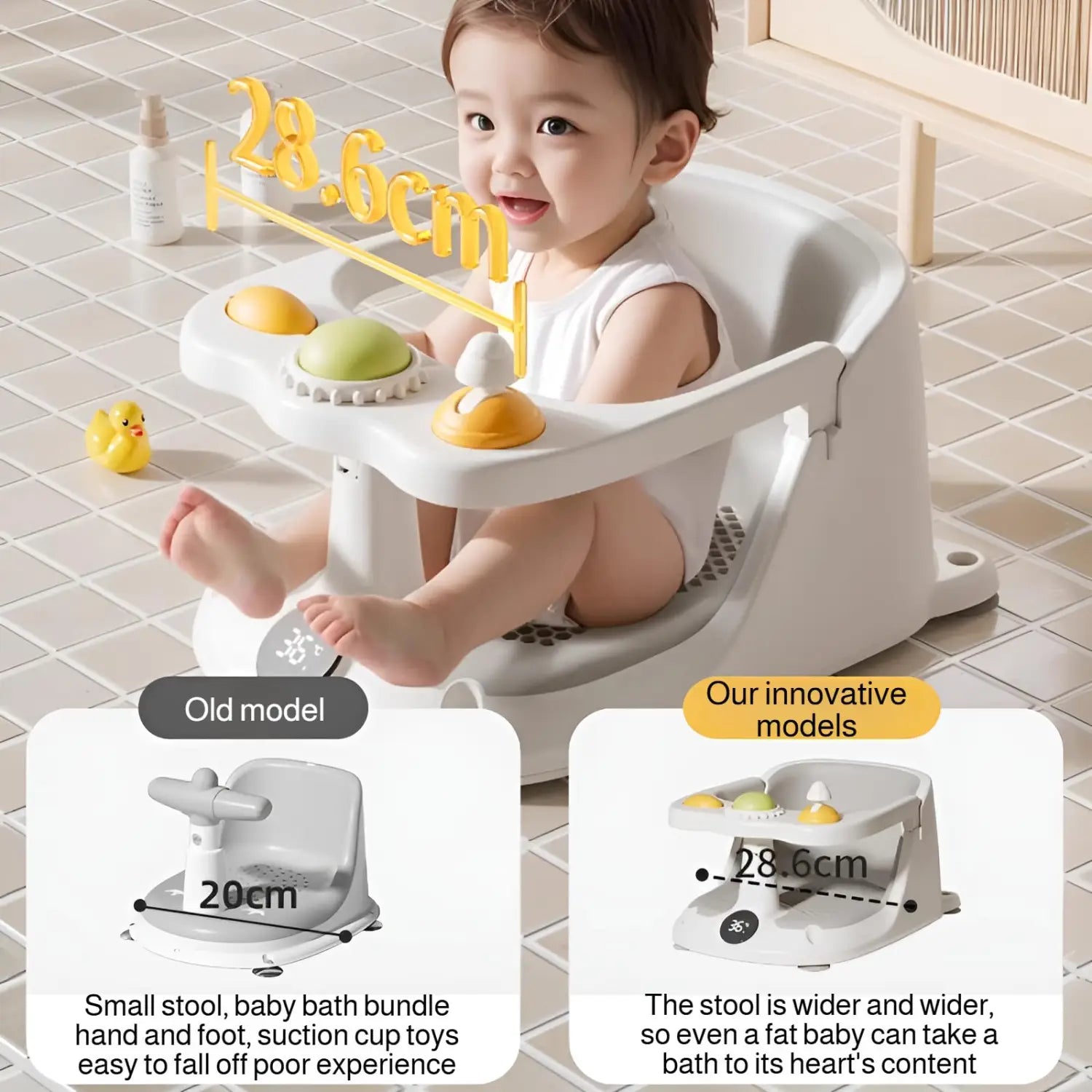 Asiento de baño para bebé de plástico blanco con visualizador de temperatura y juguetes de ventosa coloridos en la bandeja para un baño seguro y atractivo.