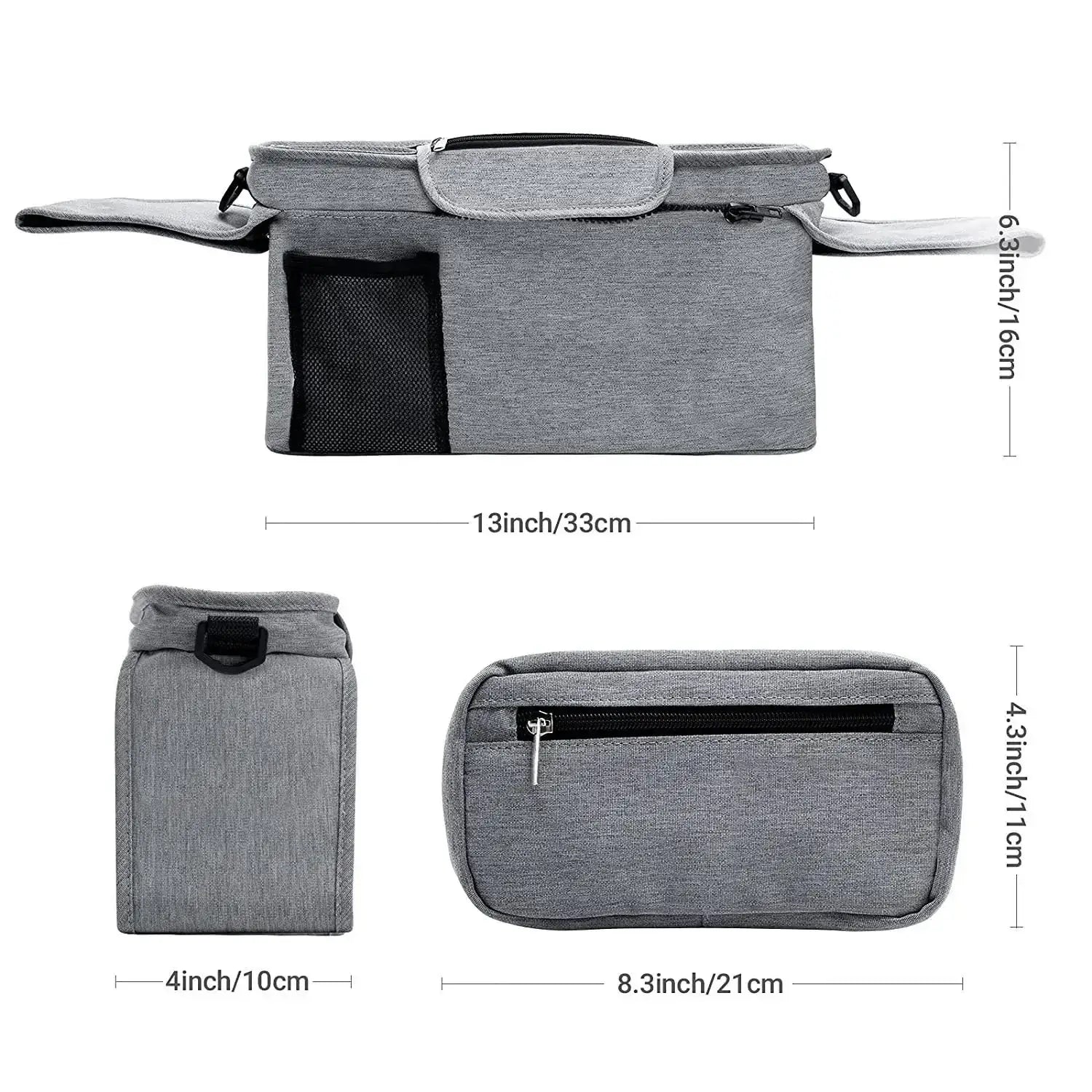 graue strukturierte Stoff-Babywagen-Organizer-Tasche, hohe Kapazität, mit schwarzen Reißverschluss-Akzenten und Mesh-Tasche zur praktischen Aufbewahrung.