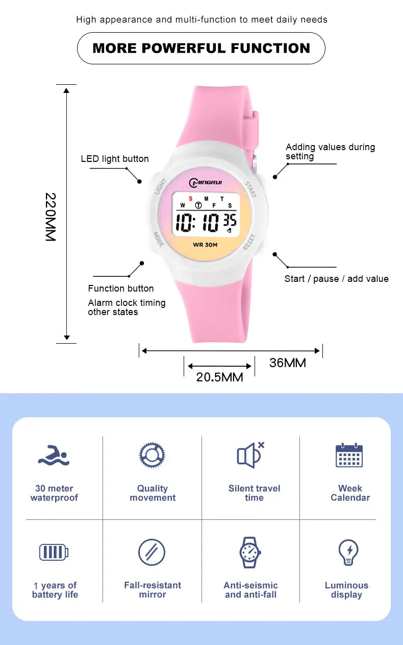 Kids waterproof digital sports watch featuring a pink silicone strap with a white face and led display.