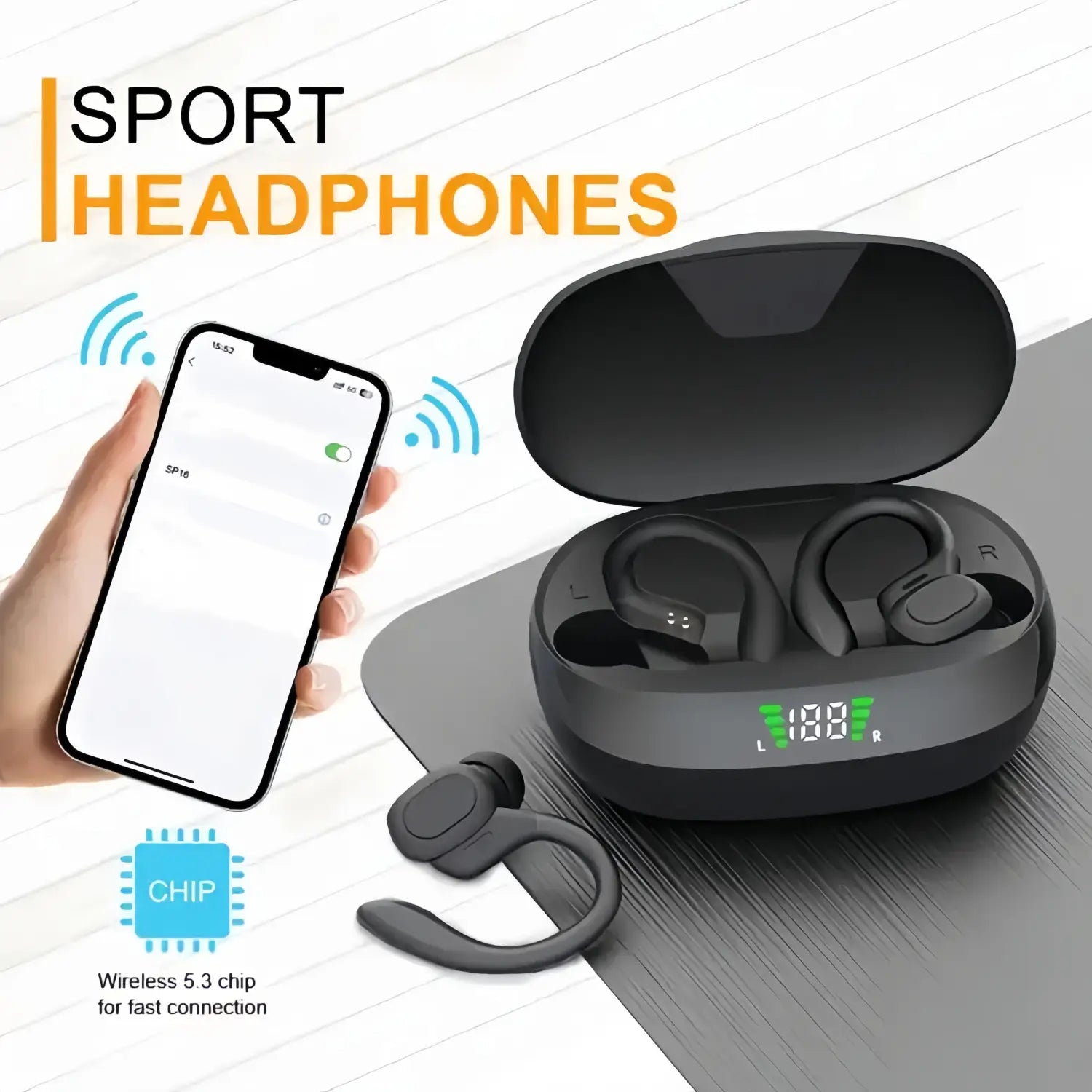 Écouteurs sans fil avec attache d’oreille noire, d’un design ergonomique élégant, et boîtier de charge ouvert affichant des indicateurs LED verts.