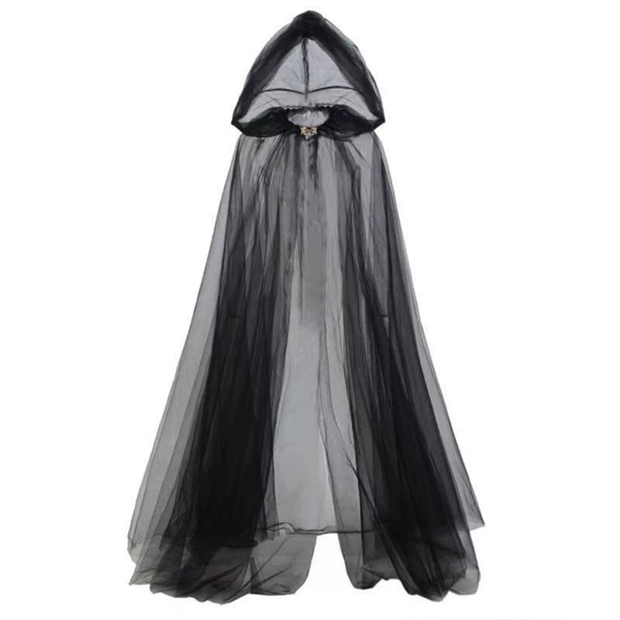 black sheer tulle hooded cape featuring a delicate metallic brooch at the neckline for ghost costume hooded cloak death god witch outfit