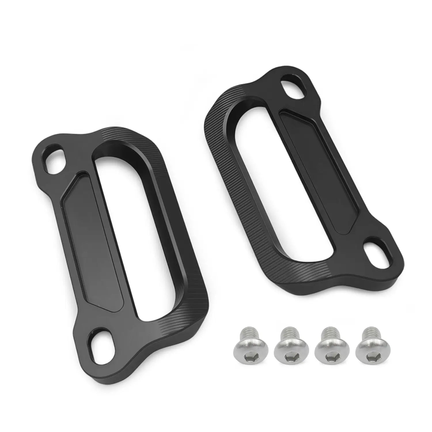 Schwarze Aluminium-Motorradlenkergriff-Schutzvorrichtungen mit strukturierter, gebürsteter Oberfläche und passenden silbernen Schrauben für Cfmoto 675srr CNC-Gepäckträgergriffe für den Soziusbetrieb.