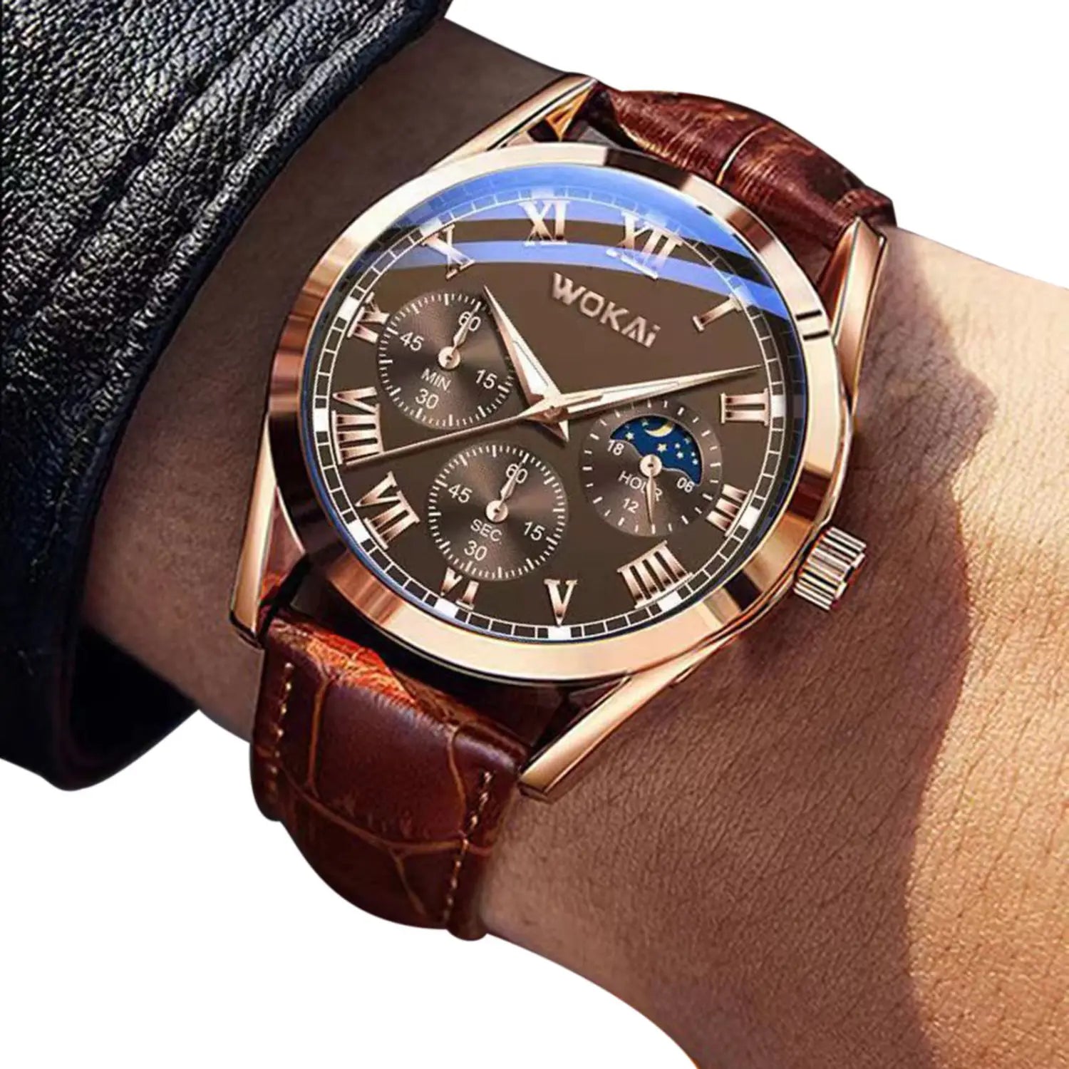 Herren-Quarz-Leder-Geschäftsuhr mit einem roségoldfarbenen Wokai-Chronographen, dunklem braunem Zifferblatt mit römischen Ziffern und einem strukturierten braunen Lederarmband.