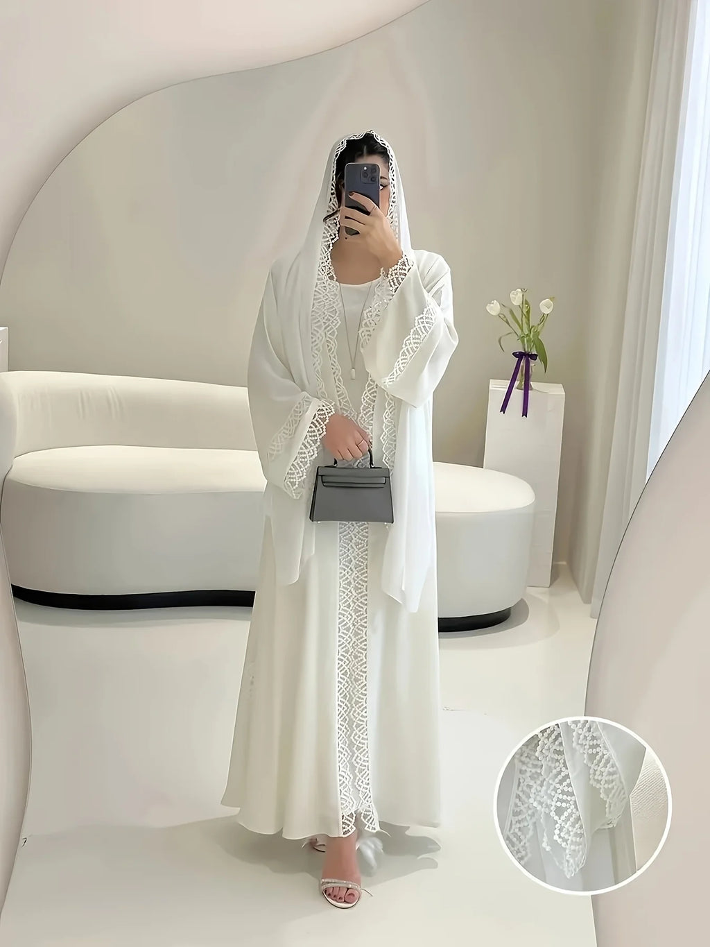 Middle Eastern Ethnic Style Elegant Open-Front Solid Color Robe, New Muslim Loose-Fitting Comfortable Breathable Beach Vacation White Cover-Up, Dubai Saudi Traditional Long-Sleeve Clothing, Exquisite Lace Cardigan, Festival P