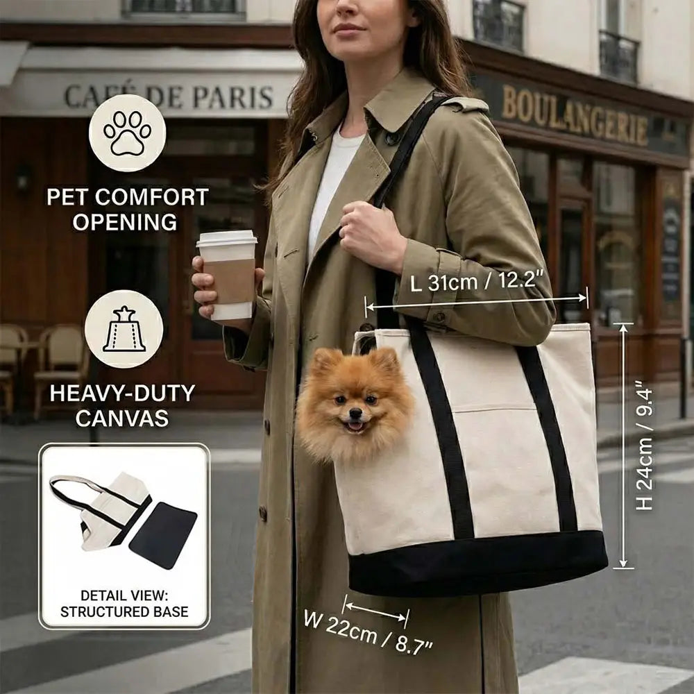 Sac de transport pour animaux de compagnie portable en toile beige et noire, robuste, avec base structurée, idéal pour un usage à domicile, en magasin professionnel et en extérieur.