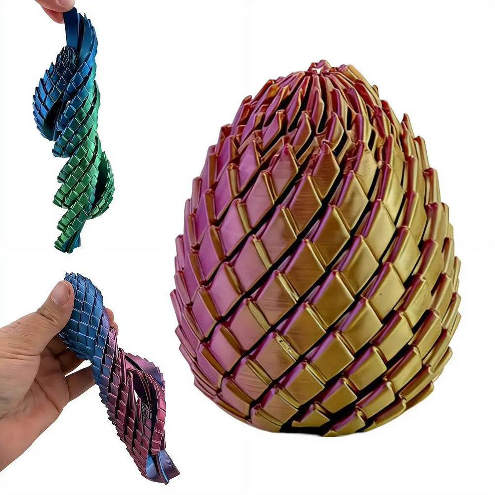 A metallic iridescent articulated dragon egg fidget toy with a segmented scale-like design viewed from the front.