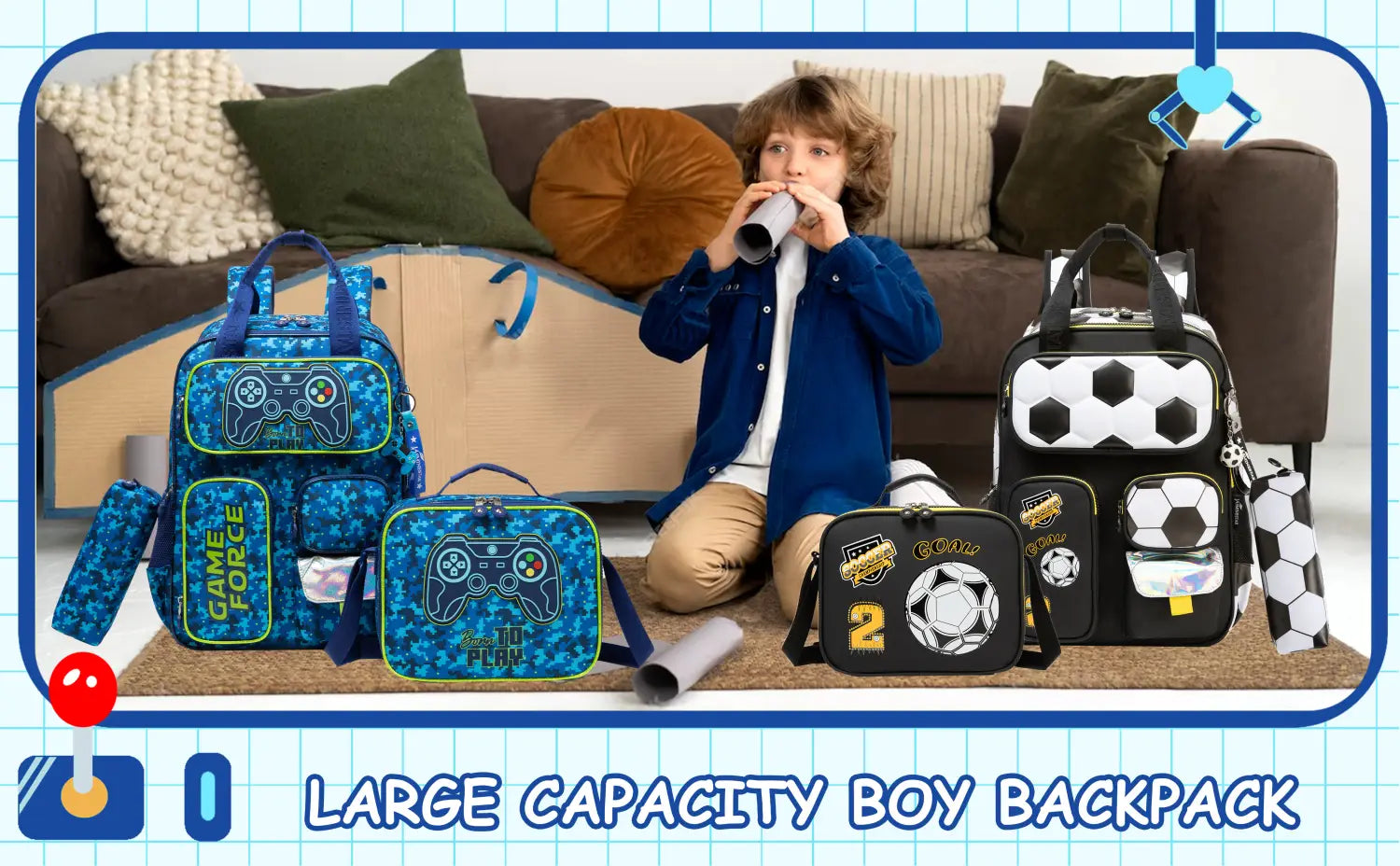 Ensemble de sac à dos pour garçons de football bleu avec sac à dos sur le thème du jeu, avec un design de manette et le texte « game force » sur le côté, ainsi qu'un sac à goûter assorti.