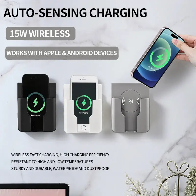 Drei elegante, wandmontierte 15-W-Einbau-Wireless-Ladegeräte in Schwarz, Weiß und Grau mit automatischer Sensortechnologie zum Laden für Apple- und Android-Geräte.