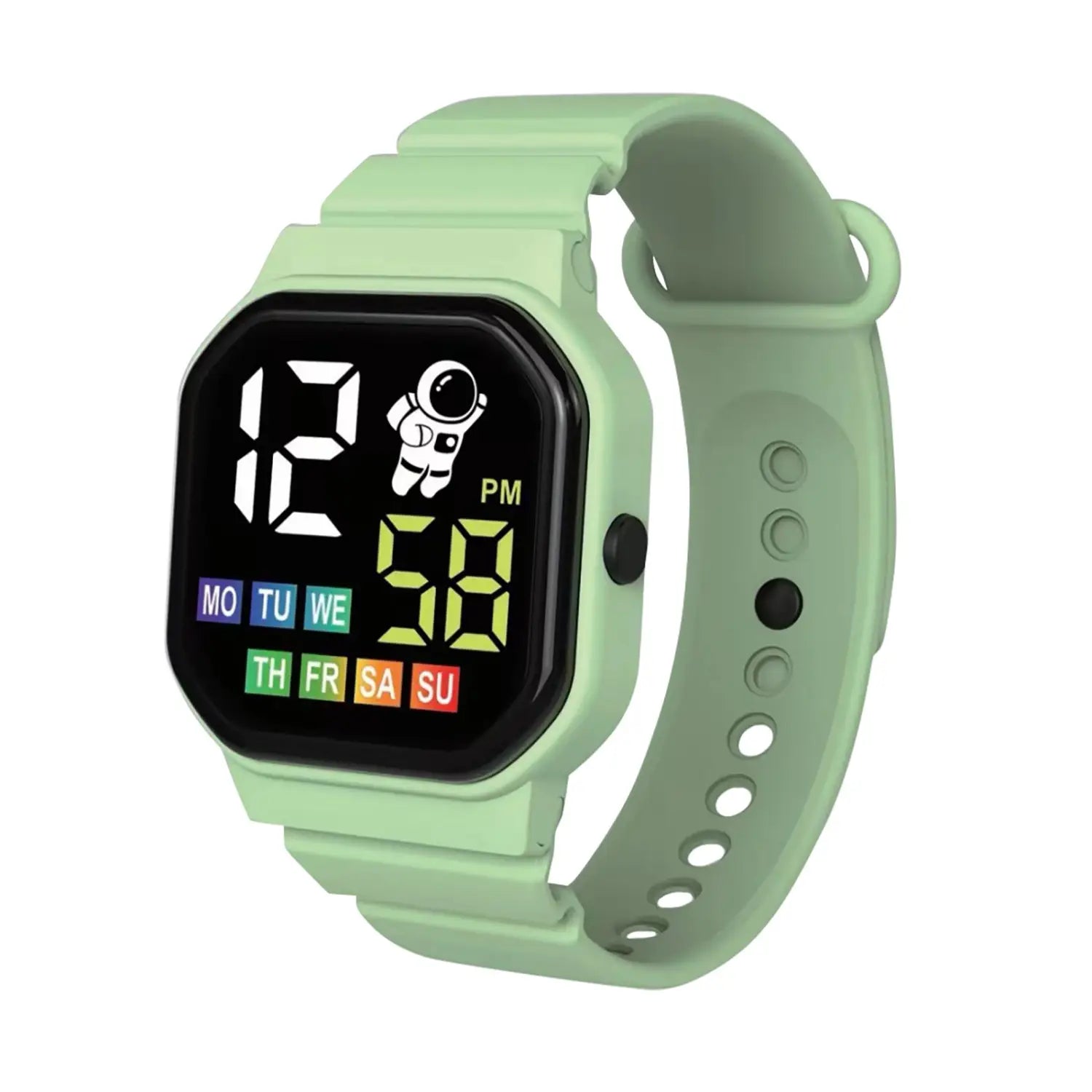 Kids astronaut led digital watch in mint green with a black screen displaying time and day of week featuring an astronaut icon on the display.