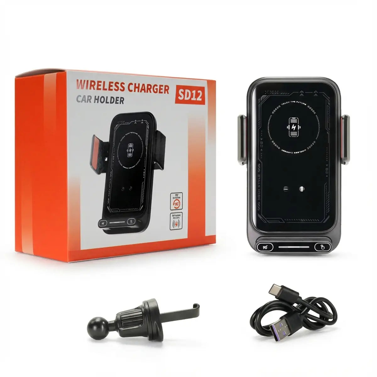 Black wireless car phone charger 15w mount with sleek modern design and magnetic clamps for secure phone holding.