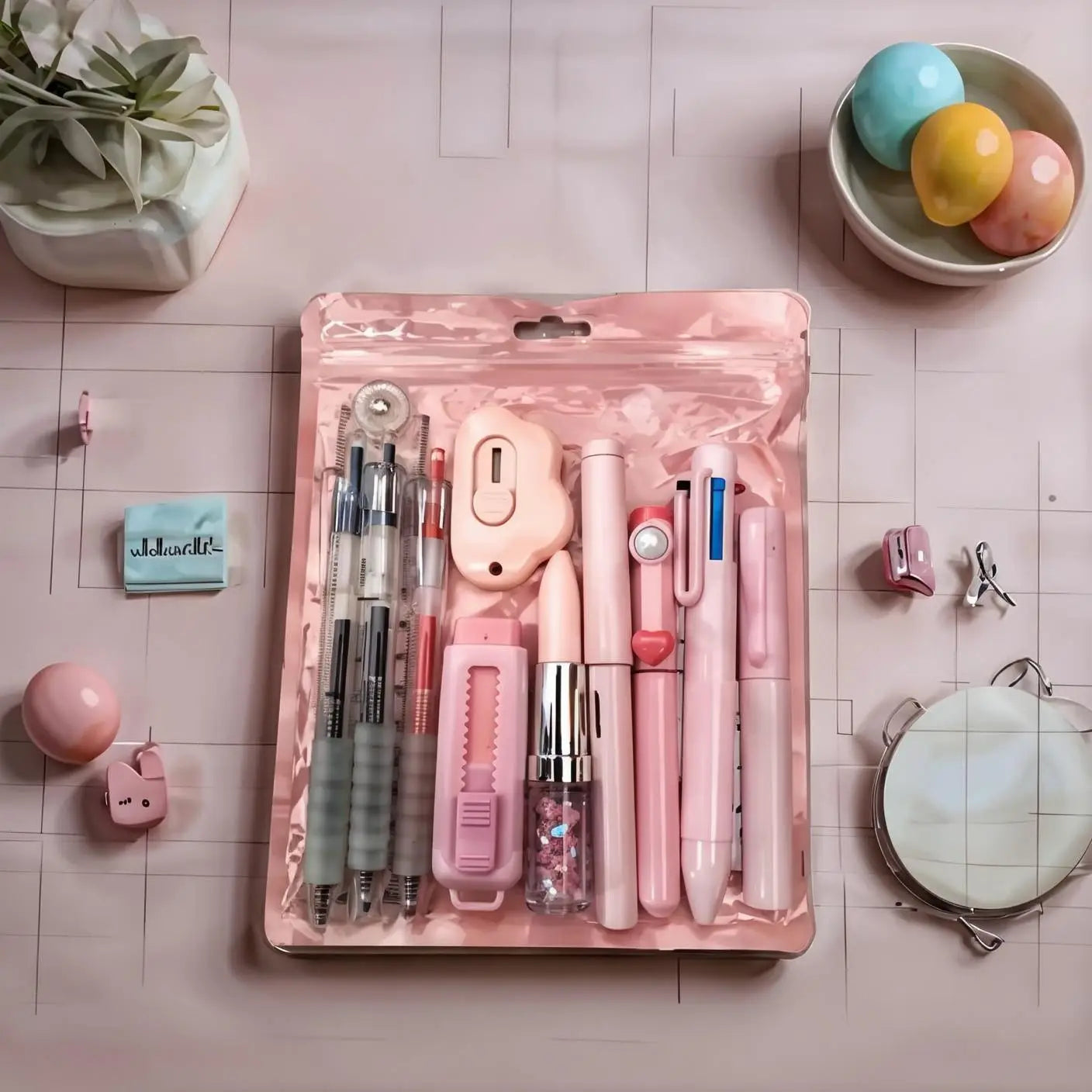 Ensemble de papeterie pour étudiant de 11 pièces rose, comprenant une pochette en plastique rose translucide contenant une collection d’articles de papeterie et de produits cosmétiques.