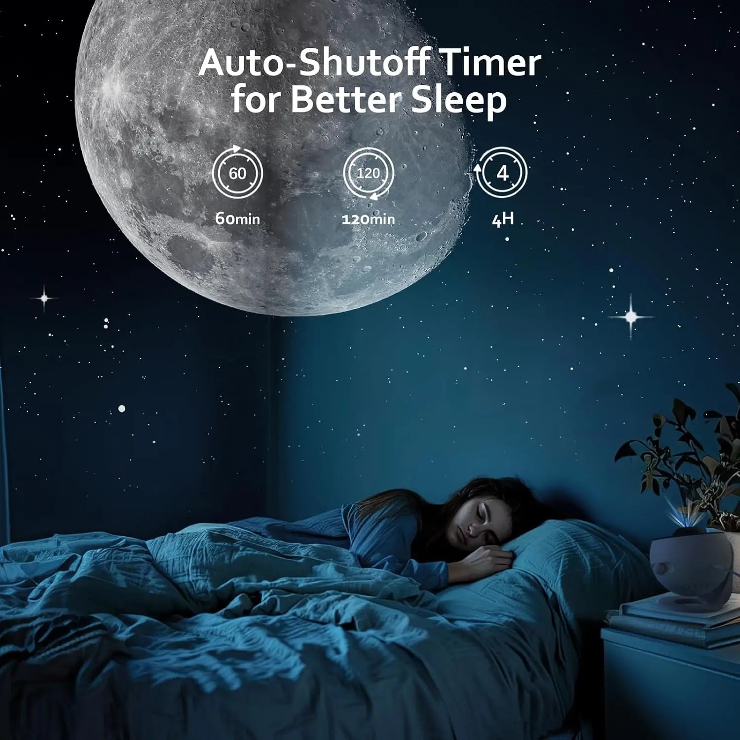 a sleek white projector pro 25 in 1 galaxy star night light with a moon-shaped design and starry background for ambient room lighting