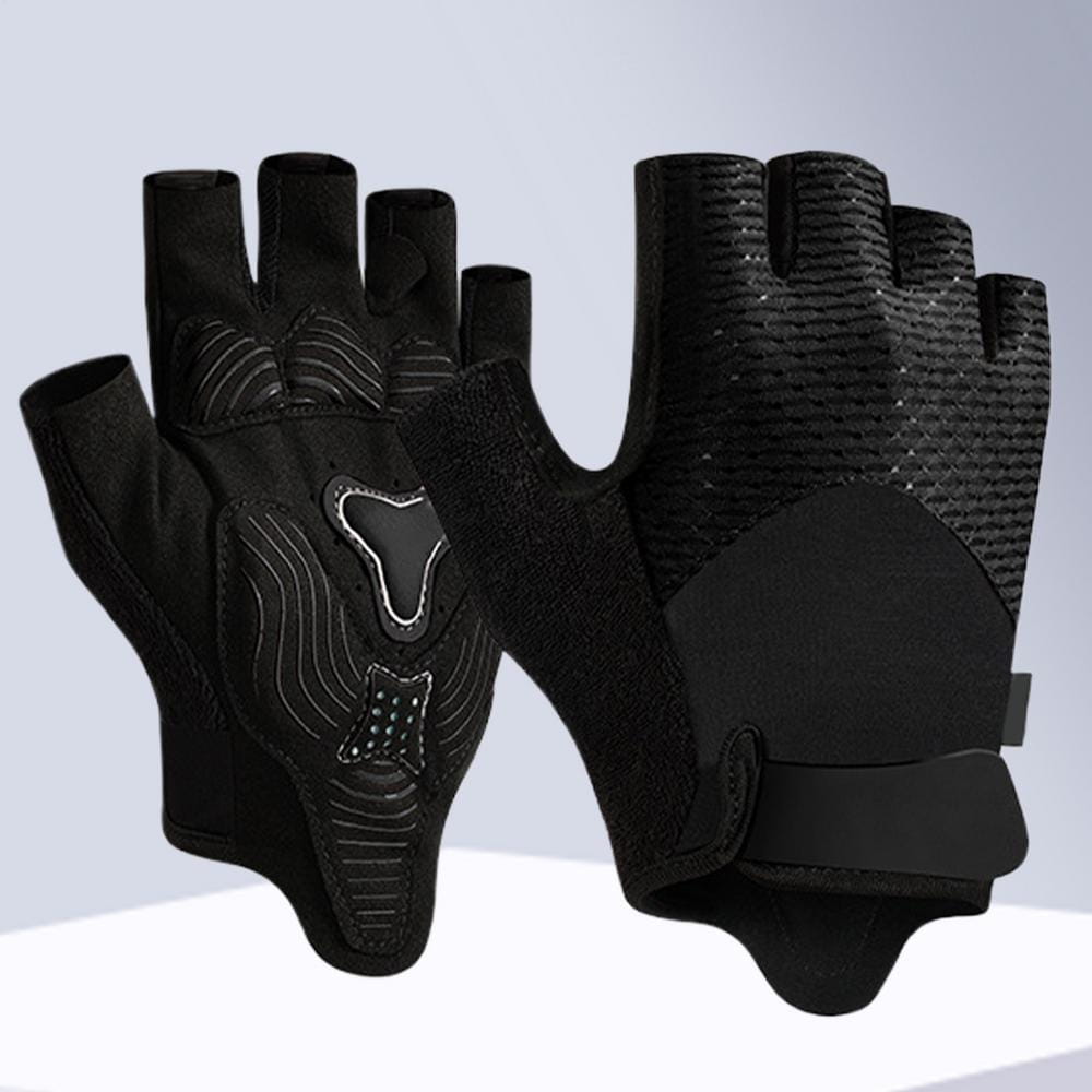 Guantes de entrenamiento negros sin dedos con agarre acolchado, equipo de acondicionamiento físico, con palmas de malla texturizada y secciones acolchadas reforzadas para mejorar el agarre y la comodidad durante las actividades físicas.