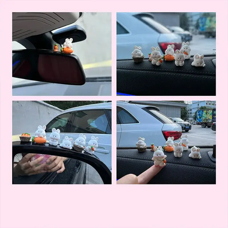 Adorables ornements de tableau de bord de voiture en forme de lapin en plastique blanc, avec des accessoires de carotte orange.