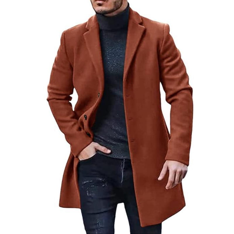 Abrigo tipo gabardina de lana para hombre en un rico color óxido, con solapa tipo muesca clásica y cierre con botones, para uso en invierno.