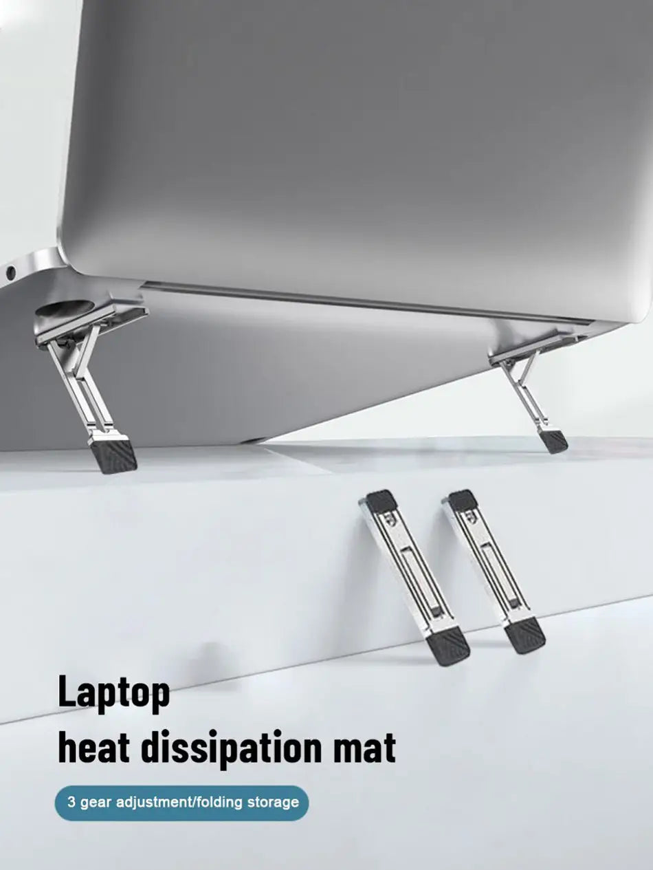 Silberner Laptopständer aus Aluminiumlegierung mit schwarzen gummierten Standfüßen und klappbarem, verstellbarem Design zur Wärmeableitung, kompatibel mit Mobiltelefonen