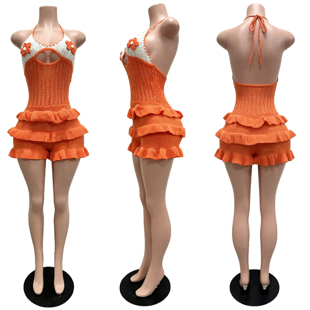 Women Rompers Knitted Jumpsuits Ruffle Hem Flower Hollow Out Halter Collar Mid Waist Mini Length Pants Slim Fit Sexy 2026 Summer
