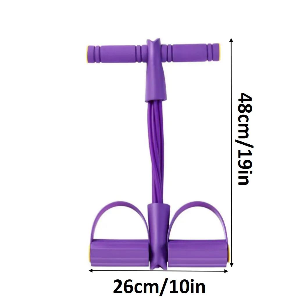 Purple rubber 6-tube pedal resistance band fitness equipment featuring a leg stretcher with textured grip handles and foot loops.